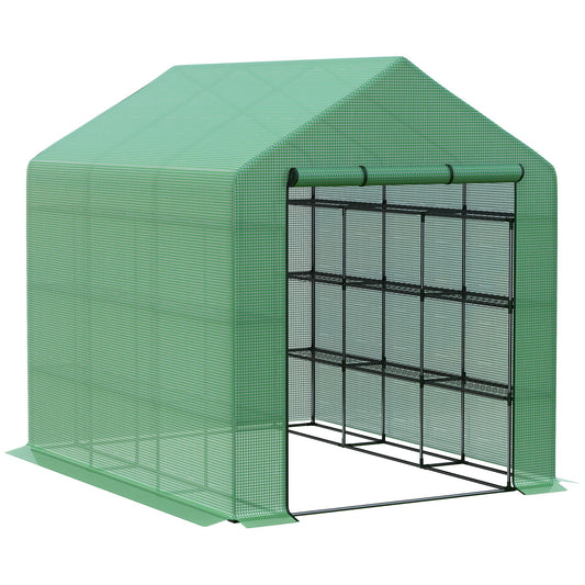 Photo of Outsunny Walk-in Greenhouse with 4 Tier 24 Shelves, Portable Grow House with Roll-up Zipped Door, 244 x 180 x 210cm, Green in Green colour on a white background