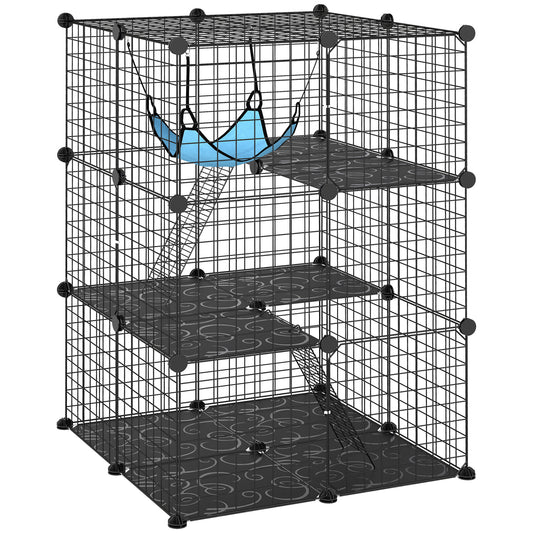 Photo of PawHut Indoor Cat Cage DIY Customizable 3-Tier Indoor Cat Enclosure with 3 Doors and Hammock 105 cm Black in Black colour on a white background