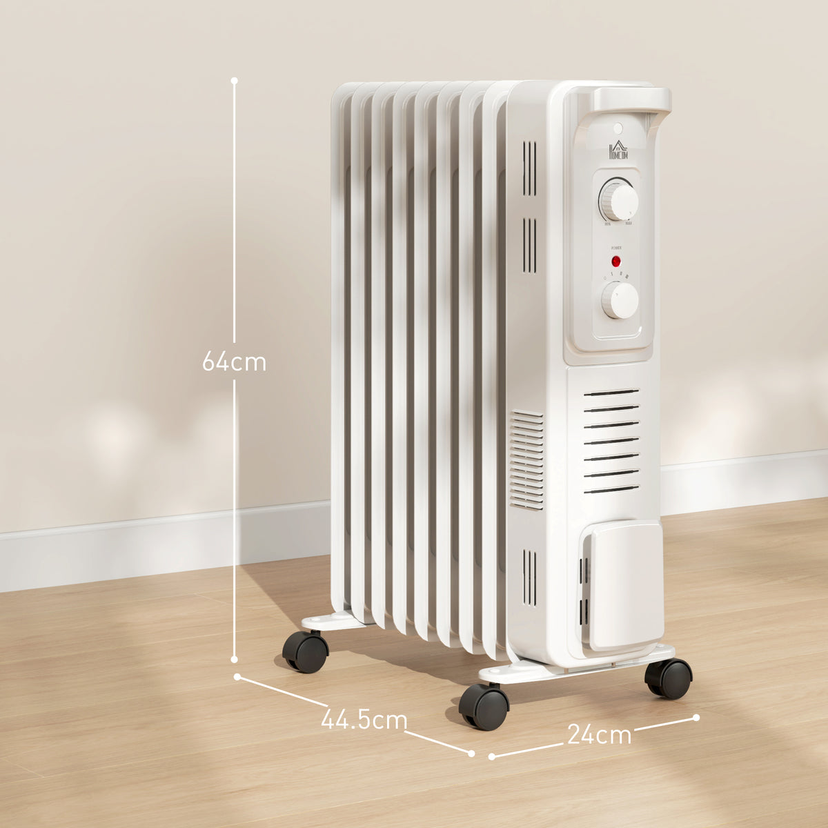 White HOMCOM oil-filled radiator on wheels, with dimensions marked as 64 by 44.5 by 24 cm