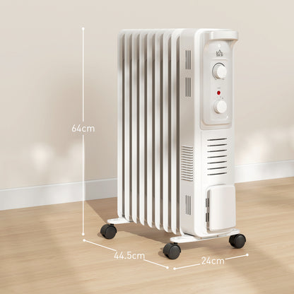 White HOMCOM oil-filled radiator on wheels, with dimensions marked as 64 by 44.5 by 24 cm