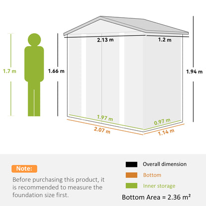 Metal garden shed size diagram showing overall and interior dimensions