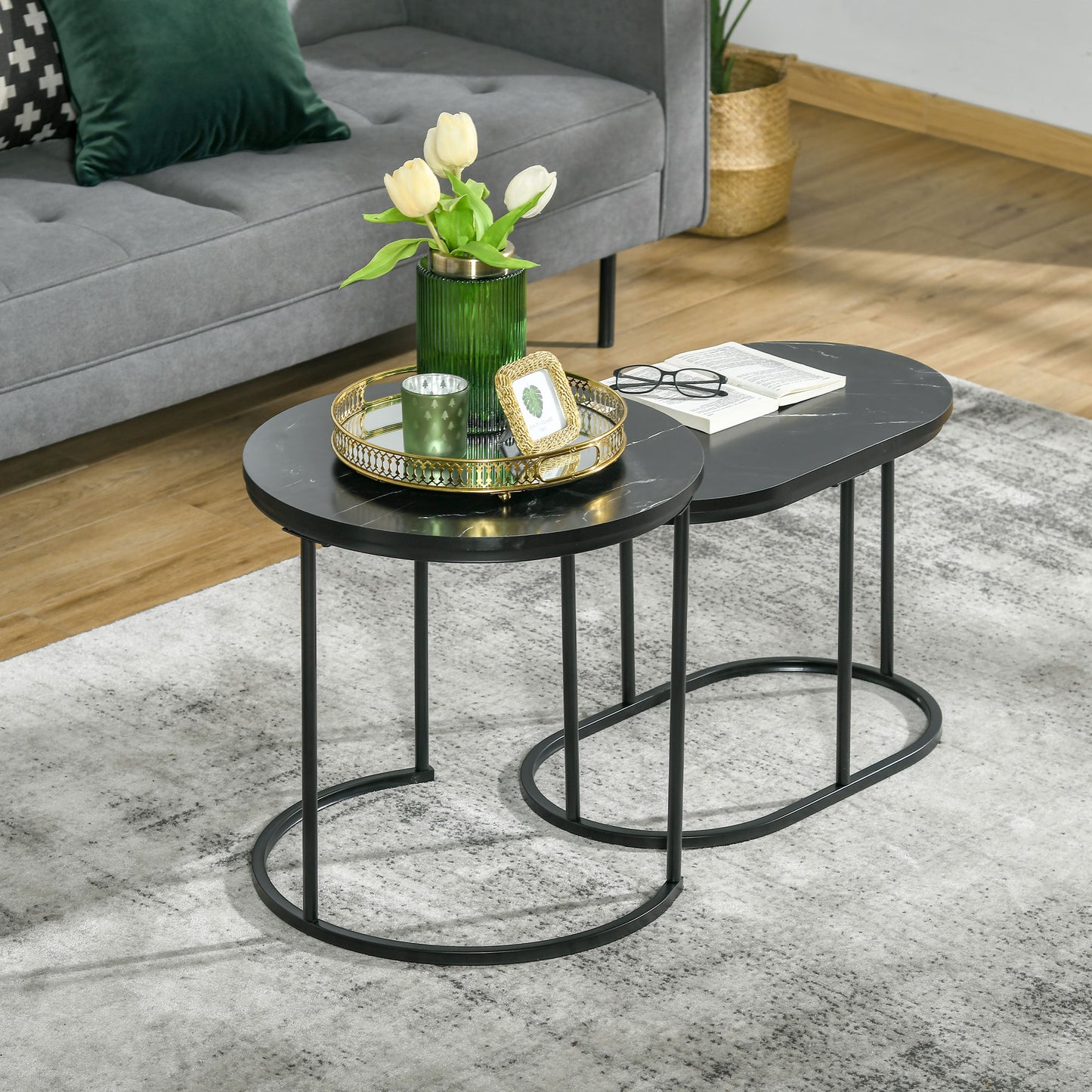 HOMCOM Nest of Tables with Steel Frame and Faux Marble Tabletop, Modern Coffee Table Set of 2, Black/White