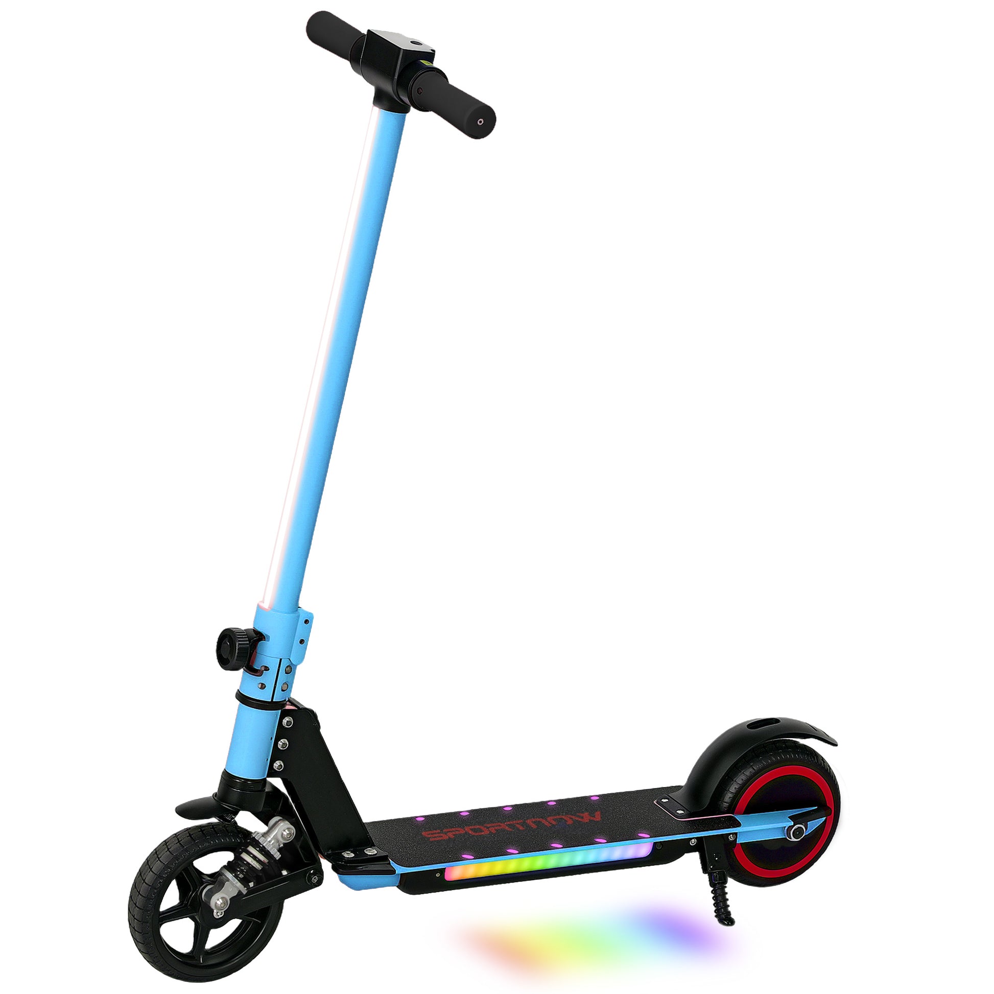 Photo of SPORTNOW Folding Electric Scooter for Kids, with Dual Brakes, Front Suspension, LED Colourful Lights, Blue in Blue colour on a white background