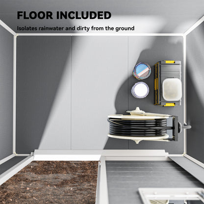 Resin shed interior with included floor panels separating stored items from the ground