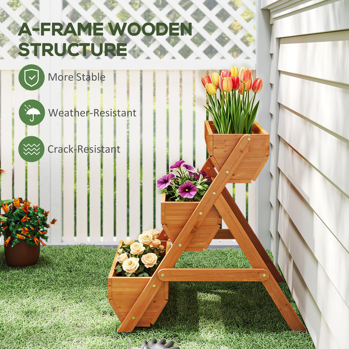 Outsunny three-tier wooden raised garden bed shown from the side with flowers