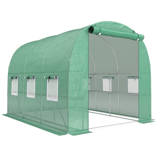 Photo of Outsunny Walk-in Greenhouse with Shelves, Polytunnel Greenhouse with Roll-Up Door, 6 Mesh Windows,198 x 275 x 191 cm, Green in Green colour on a white background