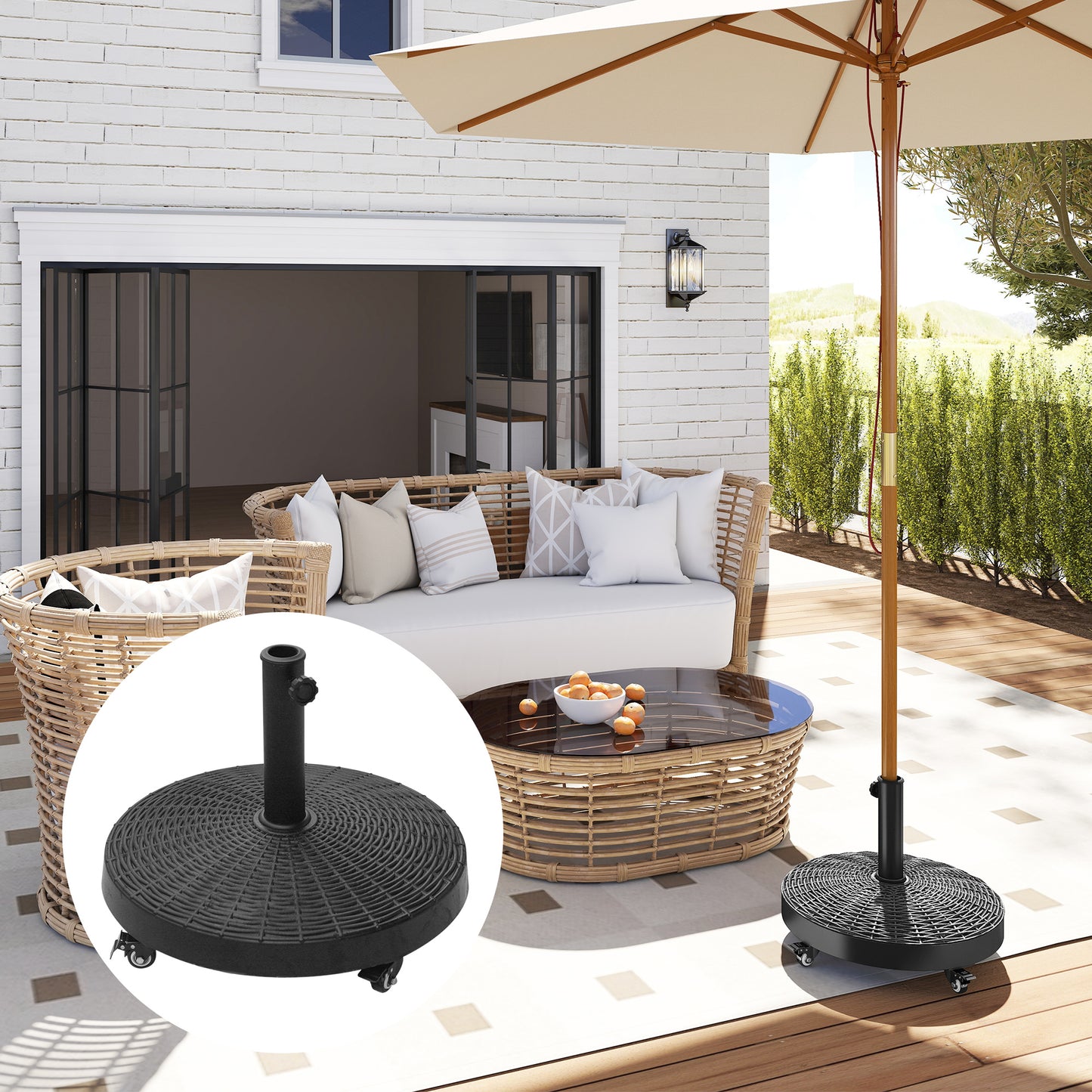 Outsunny 22.7 kg Garden Parasol Base with Wheels, Resin Outdoor Umbrella Stand Round Garden Sunshade Holder for 38 mm/48 mm Poles