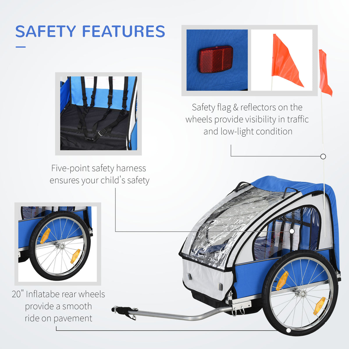 HOMCOM child bike trailer with five-point harness, reflectors, safety flag and rear wheels