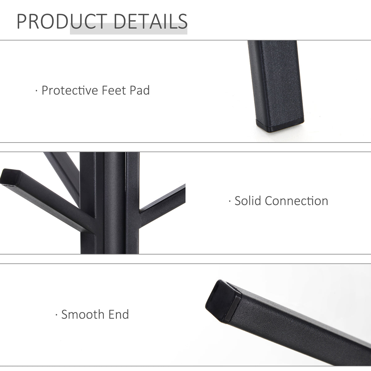 Metal coat rack details showing padded feet, sturdy joints, and smooth hook ends
