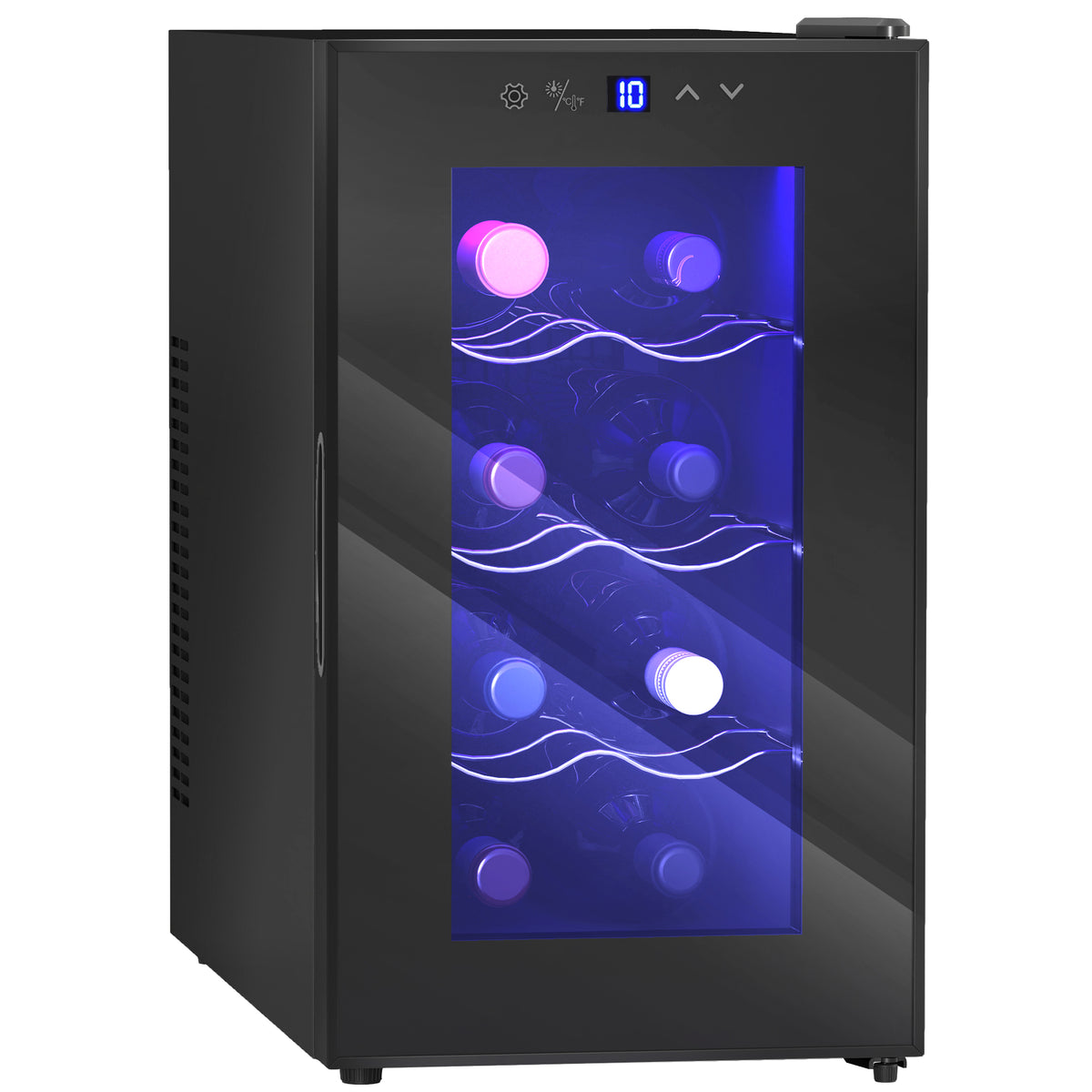 Photo of HOMCOM Mini Table Top Wine Fridge, 8 Bottle, 17L, 8-18℃, 26.5cm Quiet Under Counter Wine Cooler Fridge with Glass Door, LED Light, Digital Touch Screen, Temperature Control in Control colour on a white background