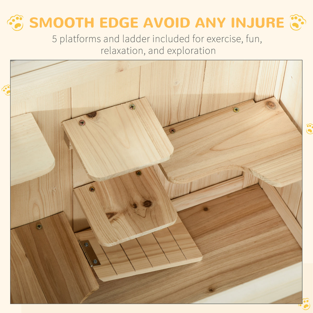 Close-up of wooden hamster cage platforms, ramp and smooth rounded edges