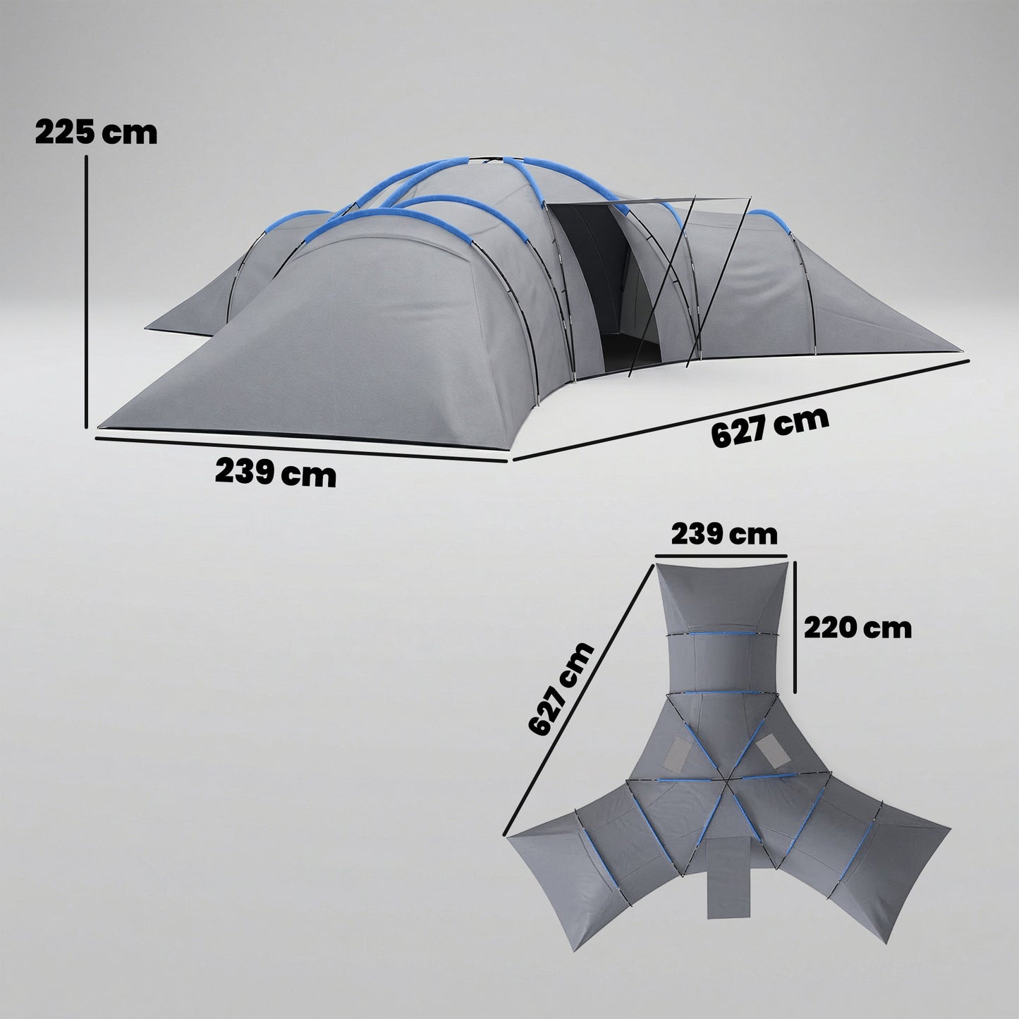 Outsunny 6-9 Man Large Tunnel Tent with 3 Bedrooms, Living Area and Porch, Light Grey