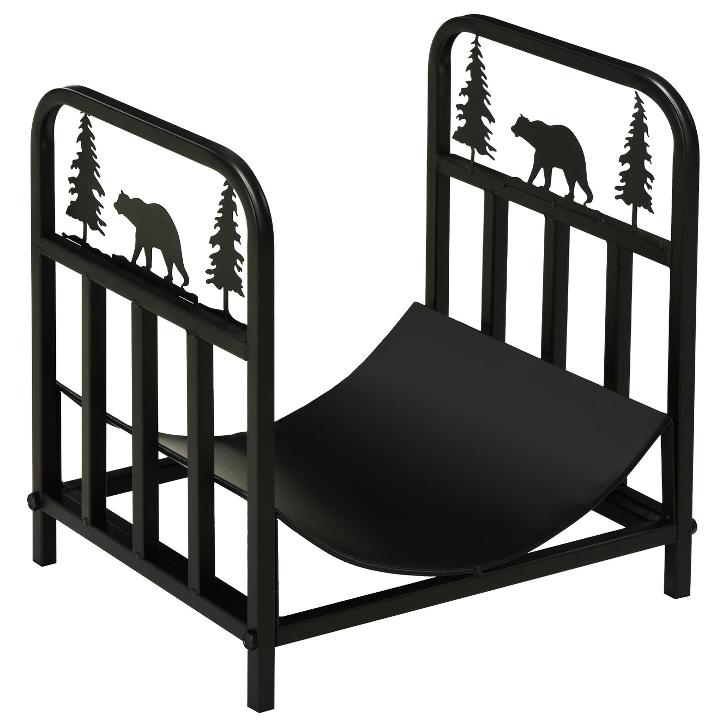 Photo of Outsunny Metal Firewood Log Holder Indoor Outdoor Firewood Rack Inner Arced Fireplace Wood Storage Shelf w/ Bear Shape Design, Rust-Resistant, Black, 42W x 33.5D x 43H cm in cm colour on a white background