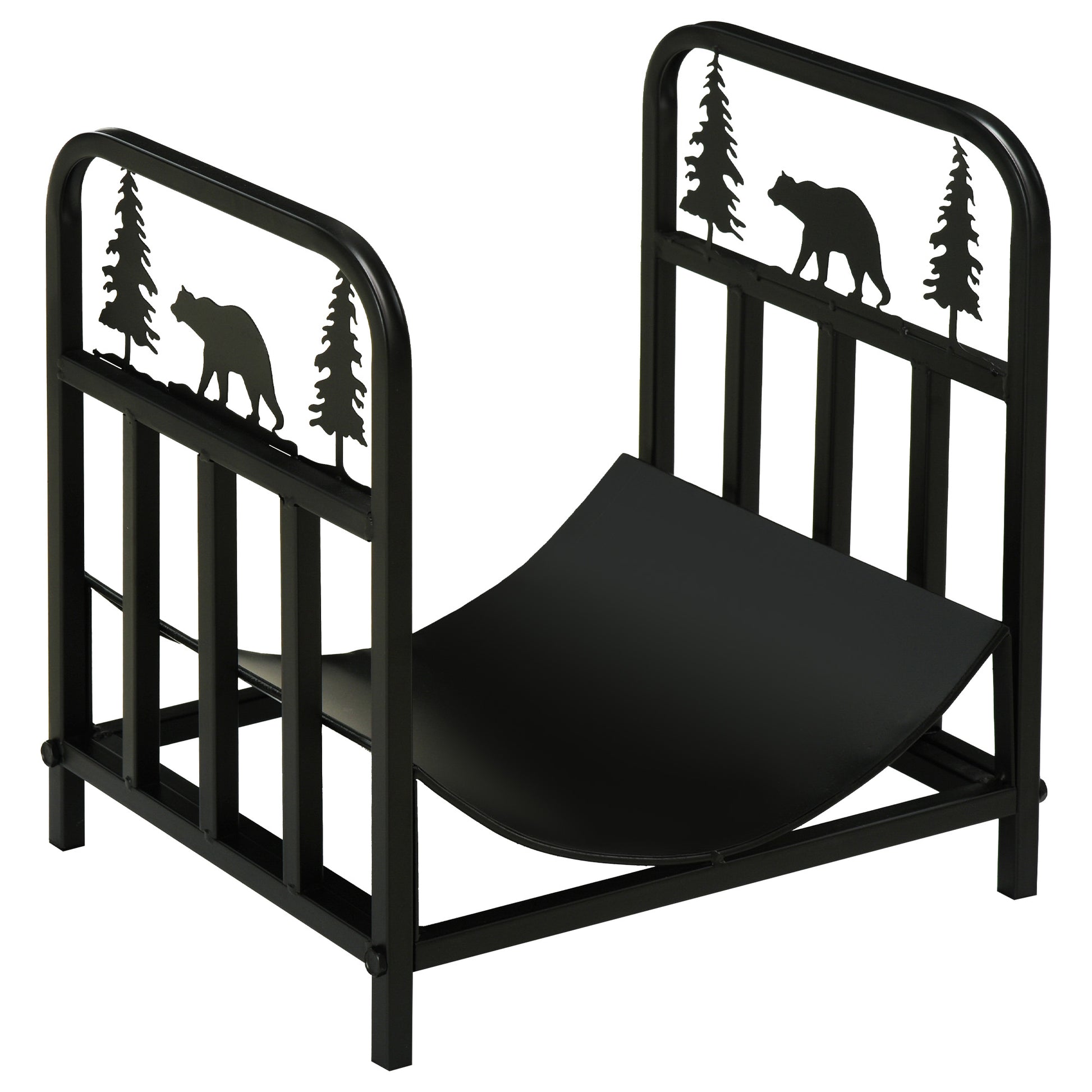 Photo of Outsunny Metal Firewood Log Holder Indoor Outdoor Firewood Rack Inner Arced Fireplace Wood Storage Shelf w/ Bear Shape Design, Rust-Resistant, Black, 42W x 33.5D x 43H cm in cm colour on a white background