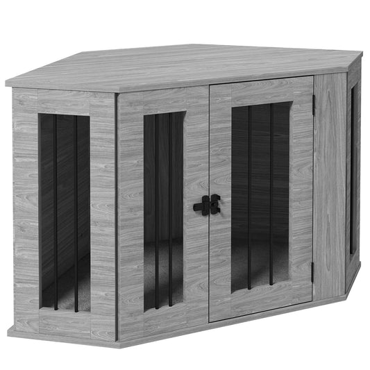Photo of PawHut 2 in 1 Dog Crate Furniture Side Table with Cushion for Medium Dogs, 104 x 55 x 63cm - Grey in Grey colour on a white background