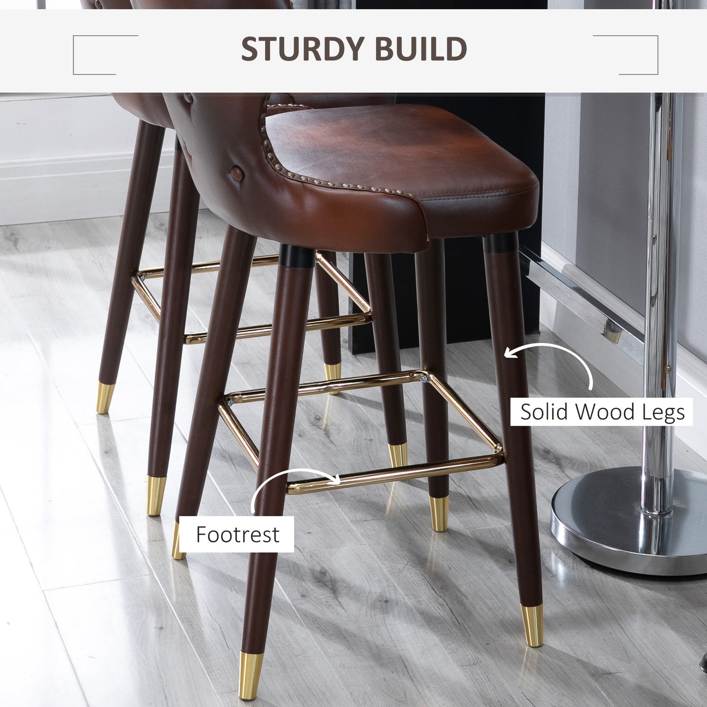 HOMCOM Bar Stools Set of 2, PU Leather Barstools with Back, Footrest and Wood Legs for Kitchen, Counter, Breakfast Bar, Brown