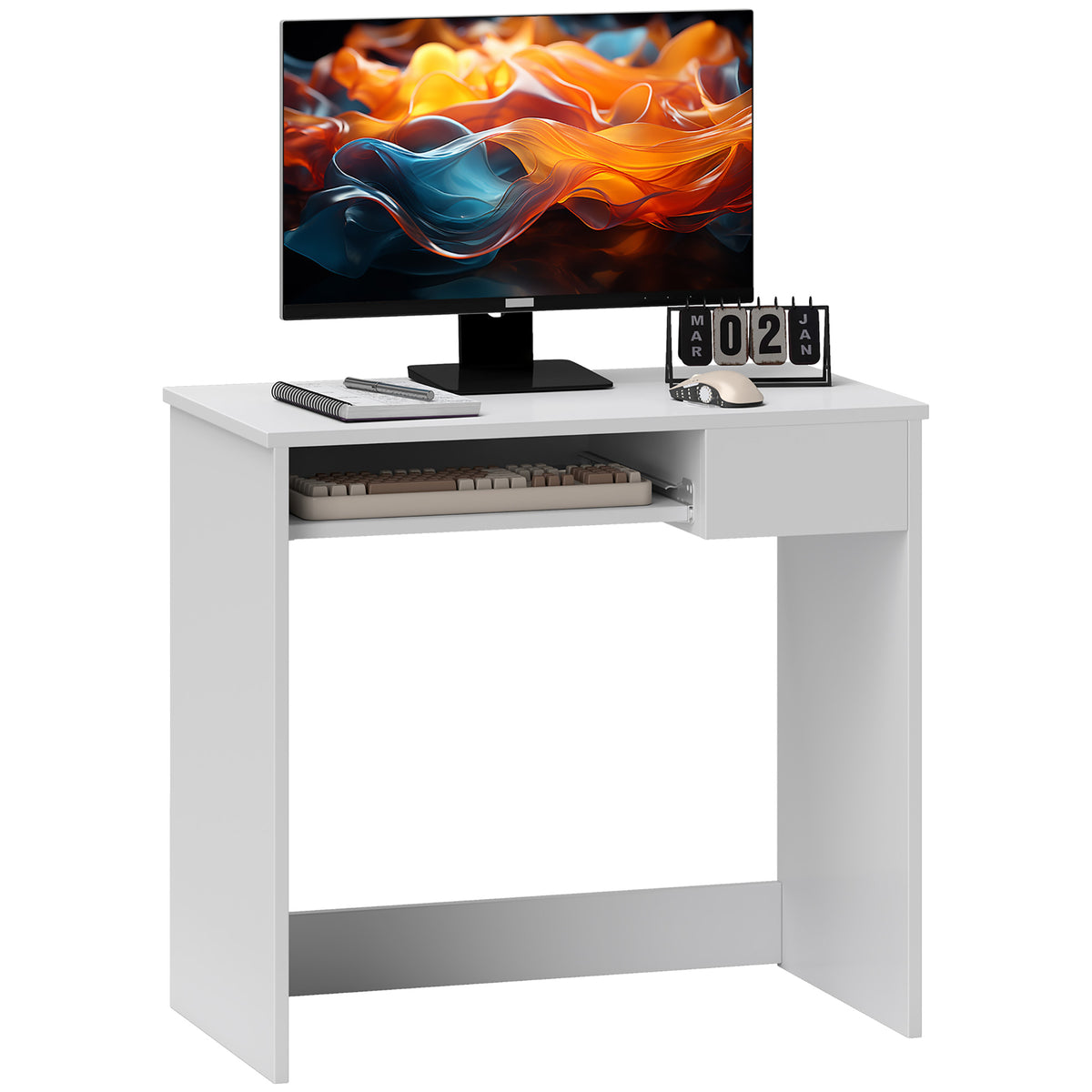 White compact computer desk with keyboard tray and drawer