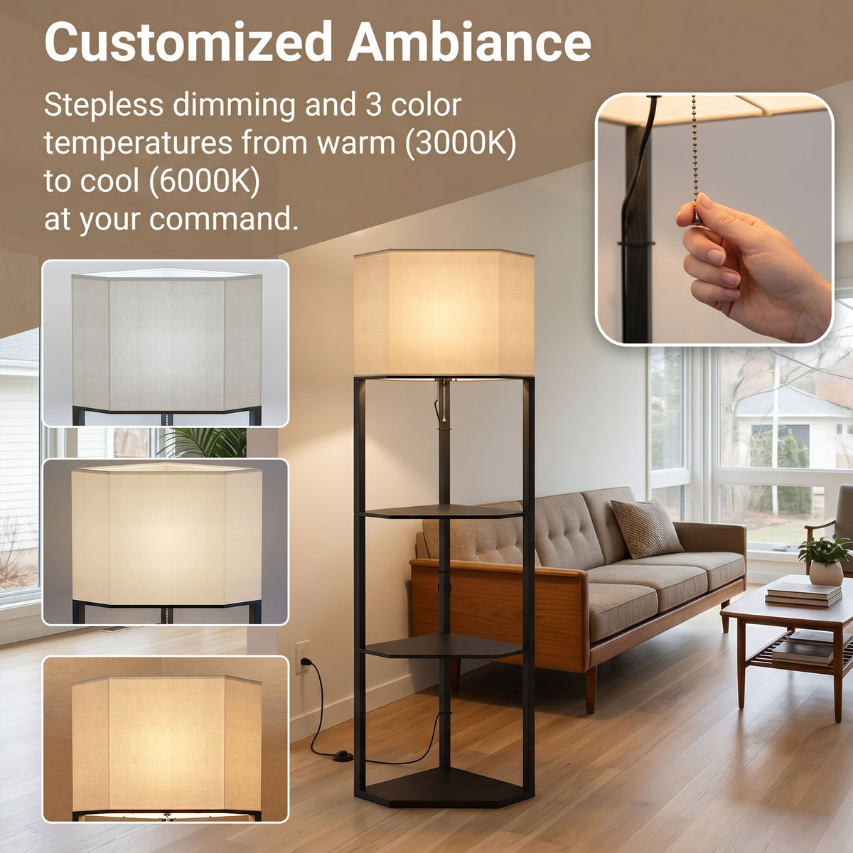 HOMCOM Corner Floor Lamp with Shelves and Lights, Modern Dimmable Standing Lamp with 3000K/4000K/6000K Colour Temperature