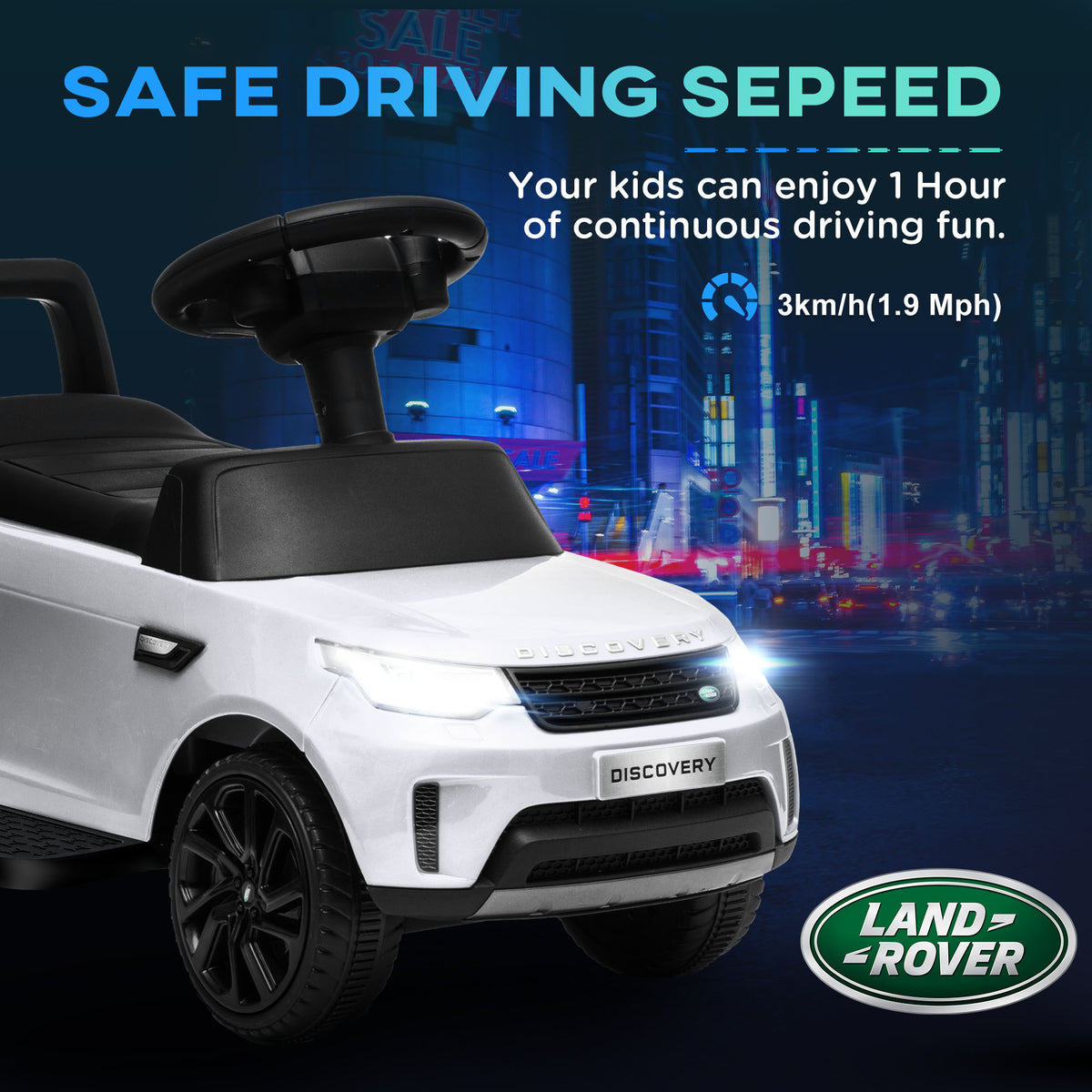 White Land Rover kids' ride-on car with black seat and illuminated headlights