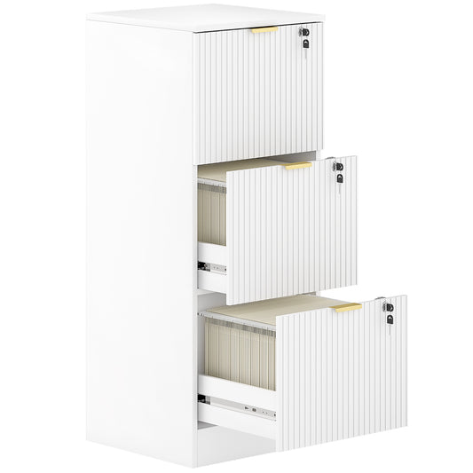 Photo of HOMCOM Filing Cabinet, Fluted Vertical File Cabinet with 3 Lockable Drawers and Hanging Rails, White in White colour on a white background