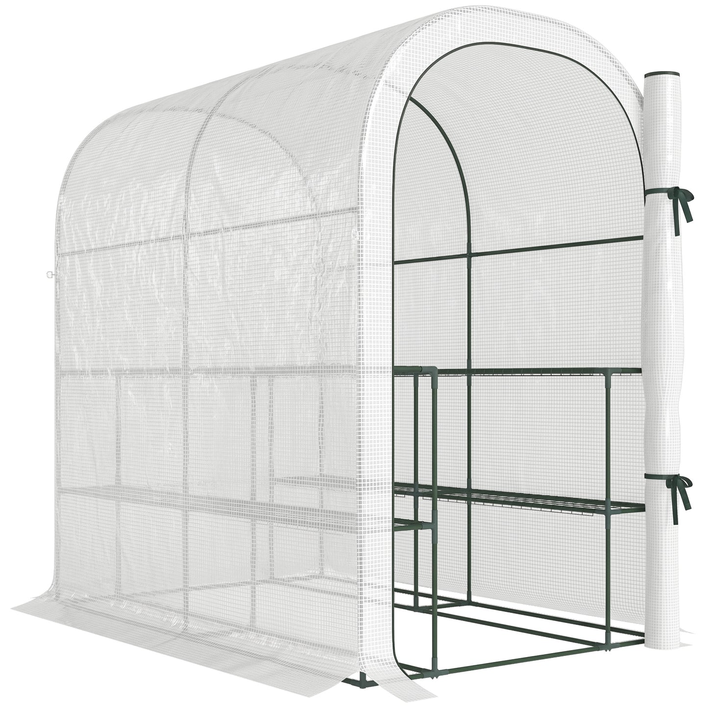 Photo of Outsunny Walk-in Greenhouse with Shelves, Small Greenhouse with PE Cover and Roll-up Door, 123 x 187 x 189 cm, White in White colour on a white background