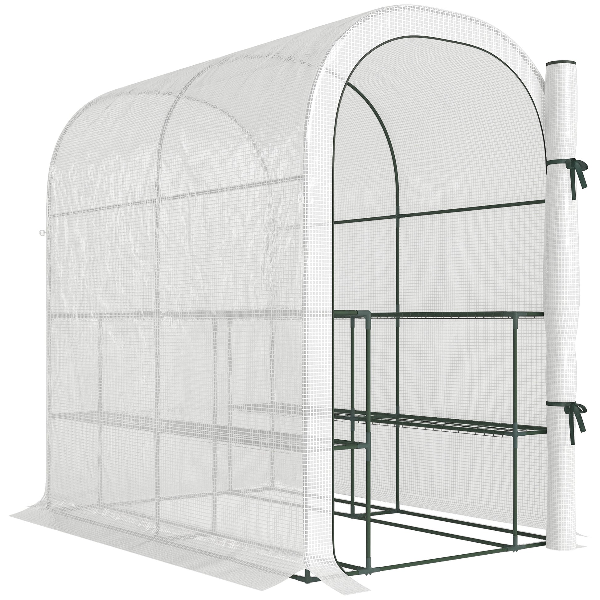 Photo of Outsunny Walk-in Greenhouse with Shelves, Small Greenhouse with PE Cover and Roll-up Door, 123 x 187 x 189 cm, White in White colour on a white background