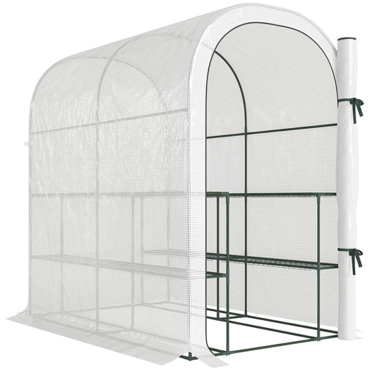Photo of Outsunny Walk-in Greenhouse with Shelves, Small Greenhouse with PE Cover and Roll-up Door, 123 x 187 x 189 cm, White in White colour on a white background