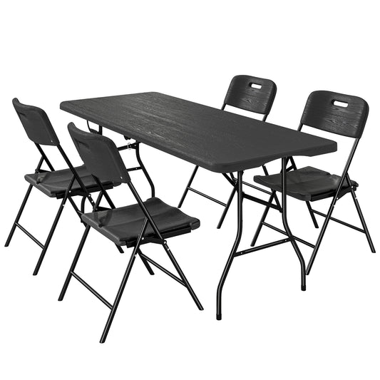 Photo of Outsunny 5 Piece 6ft Foldable Table and Chairs, Portable Picnic Table Set with 4 Chairs, Waterproof Top and Steel Frame, Black in Black colour on a white background