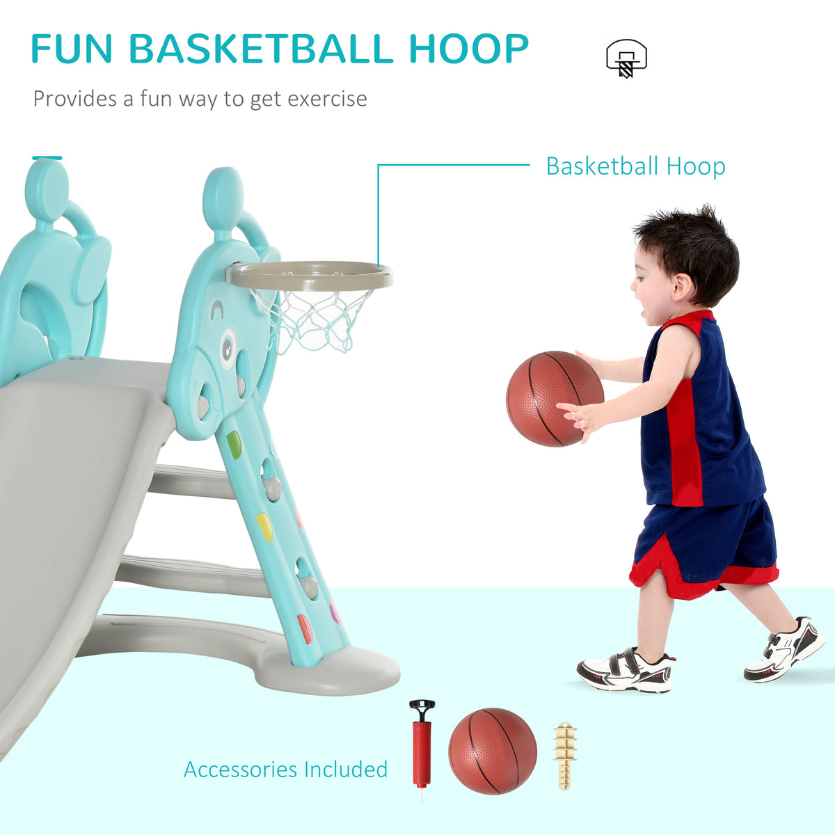 Toddler slide with basketball hoop, shown with a child and included ball and pump