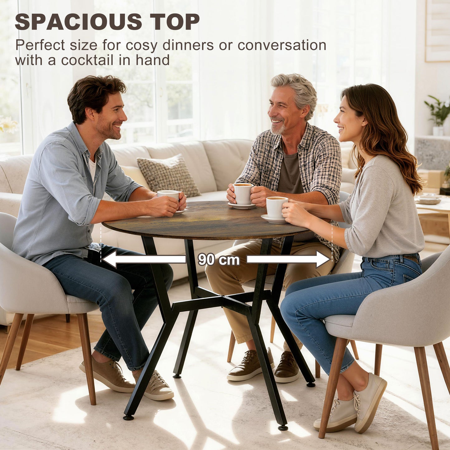 HOMCOM Dining Table, Round Kitchen Table with Black Legs, Anti-slip Foot Pads for Living Room, Dining Room 90 x 76 cm, Rustic Brown