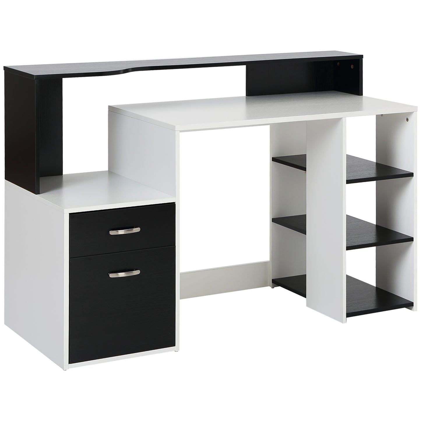 Photo of HOMCOM Computer Desk with Drawers and Storage Shelves, Office Desk Writing Table with Printer Stand, Large Workstation for Study Play Work Home Office, 137 x 55 x 92cm, Black and White in White colour on a white background
