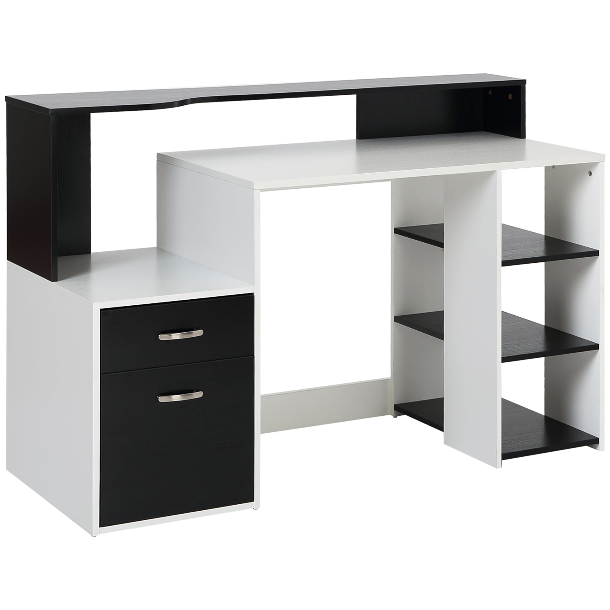 Photo of HOMCOM Computer Desk with Drawers and Storage Shelves, Office Desk Writing Table with Printer Stand, Large Workstation for Study Play Work Home Office, 137 x 55 x 92cm, Black and White in White colour on a white background