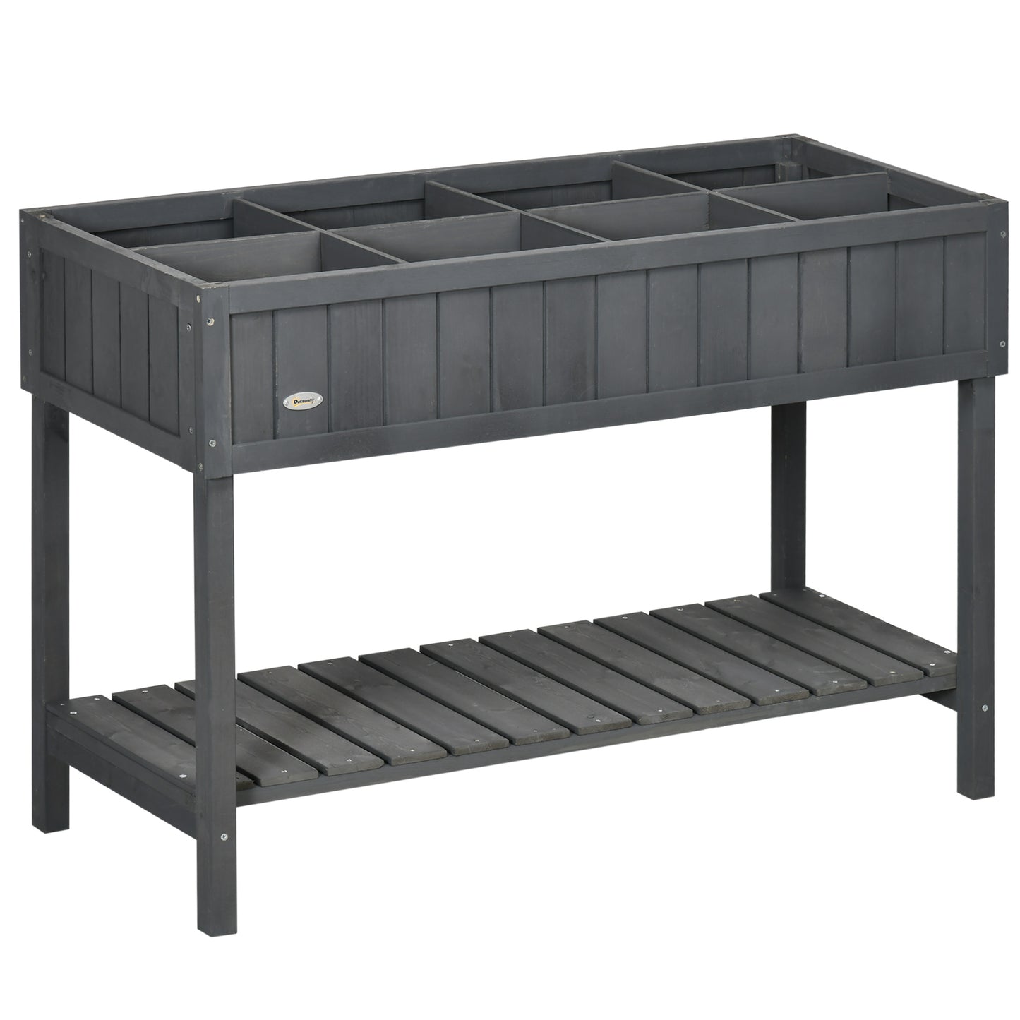 Photo of Outsunny Fir Wood Raised Rectangular 8 Compartment Plant Stand Dark Grey in Grey colour on a white background