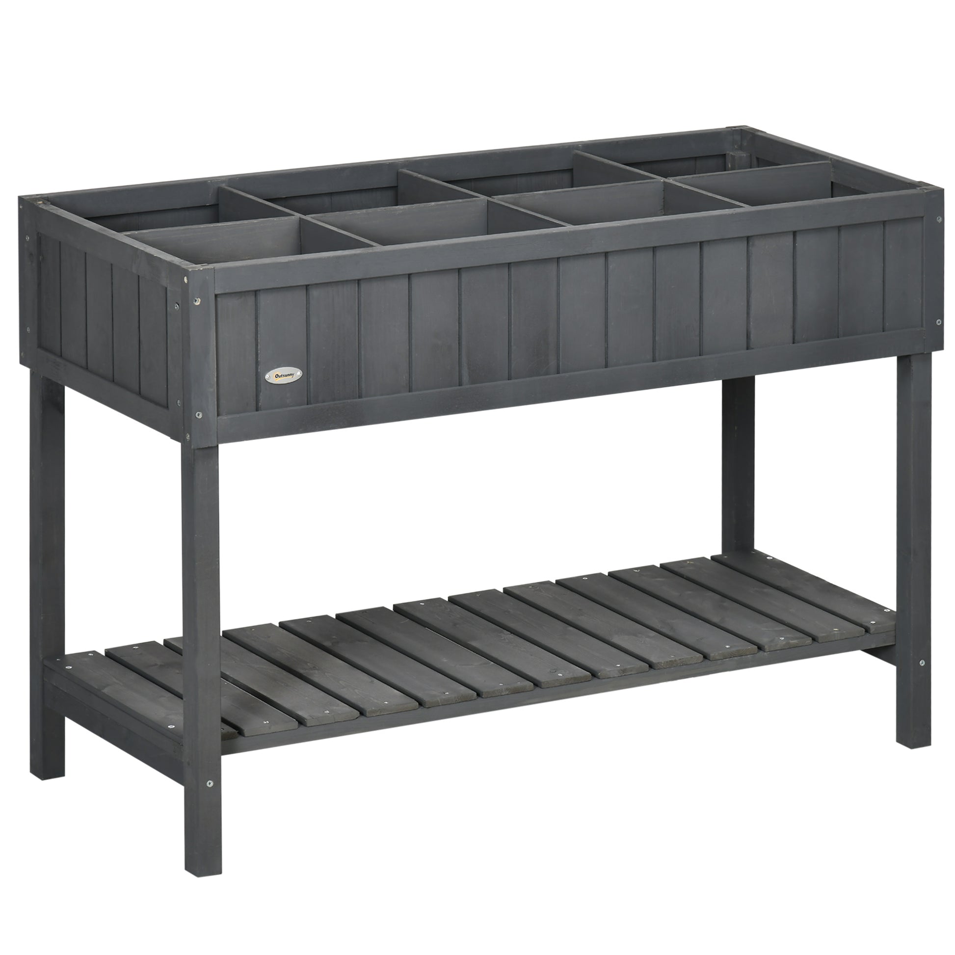 Photo of Outsunny Fir Wood Raised Rectangular 8 Compartment Plant Stand Dark Grey in Grey colour on a white background