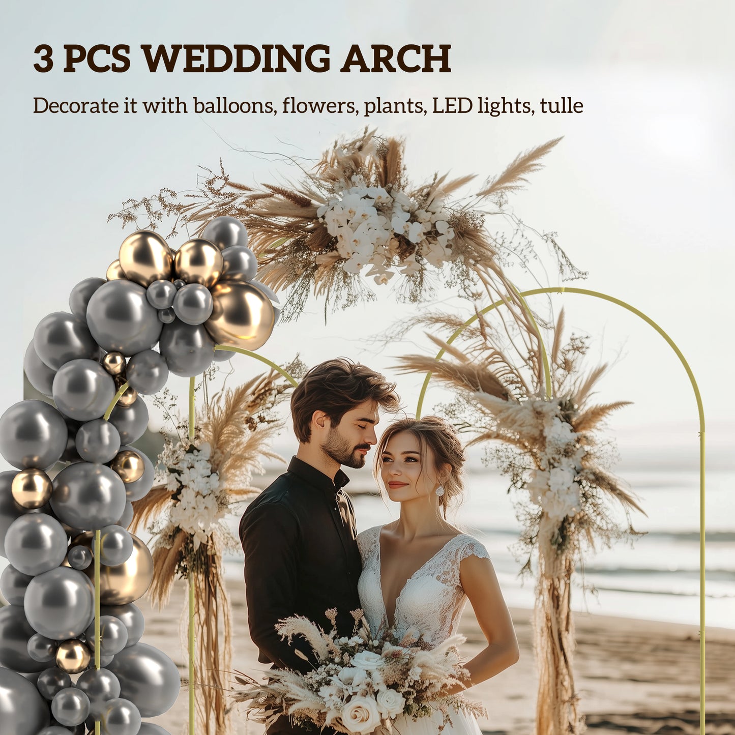 Outsunny Wedding Arch Frame Set, 2.2, 2, 1.8 m Metal Backdrop Stand Set of 3, Balloon Stand Set for Birthday Party, Bridal Shower, Graduation, Ceremony, Banquet Decorations, Gold Tone