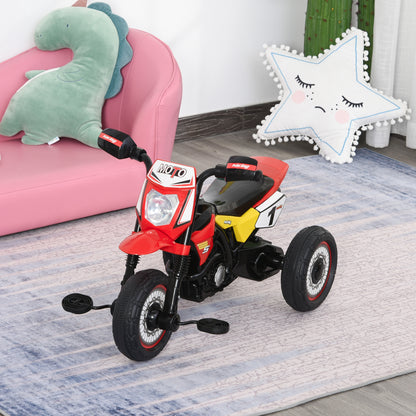 Red toddler ride-on tricycle with black seat, pedals and motorcycle-style decals