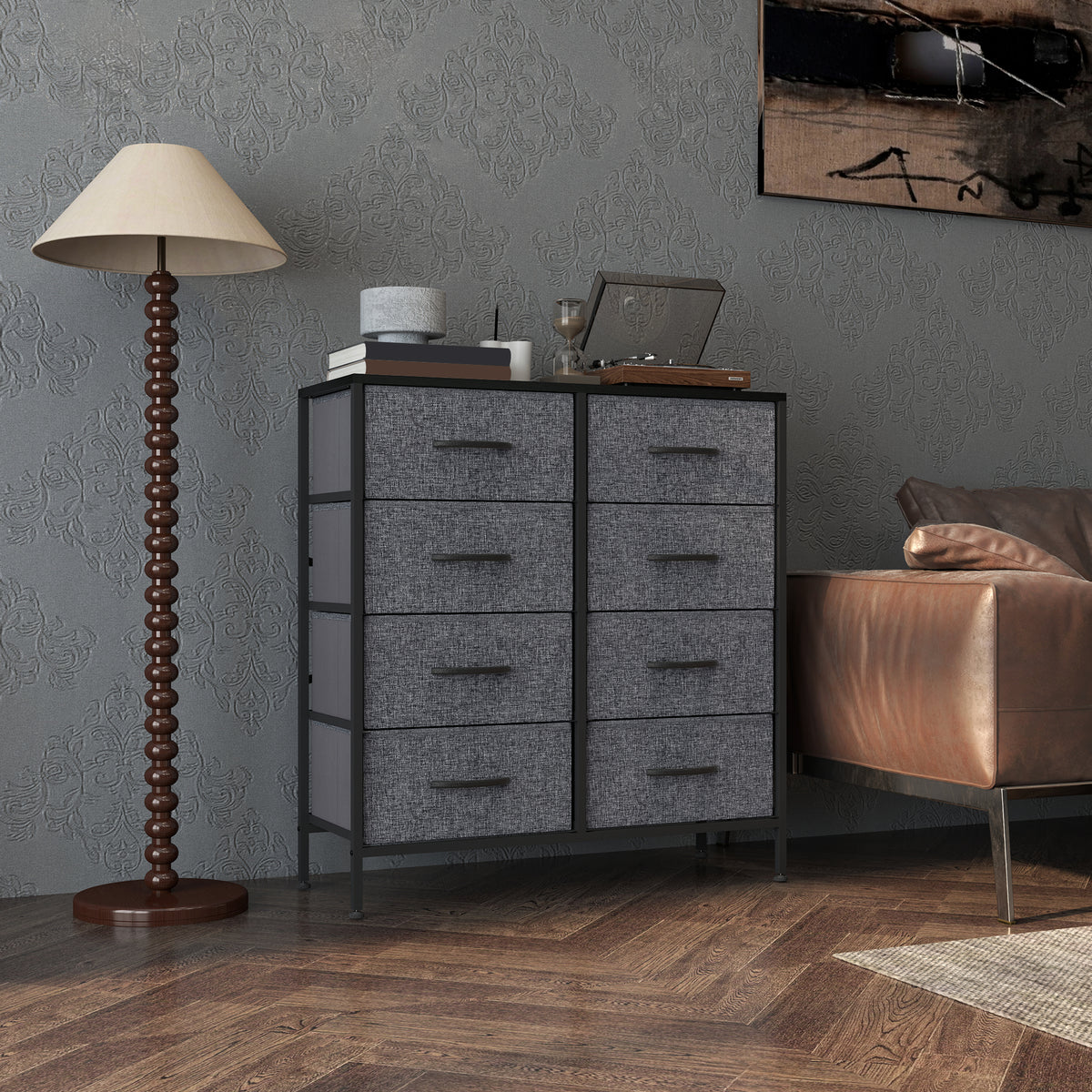 Eight-drawer gray fabric dresser with black frame and wooden top