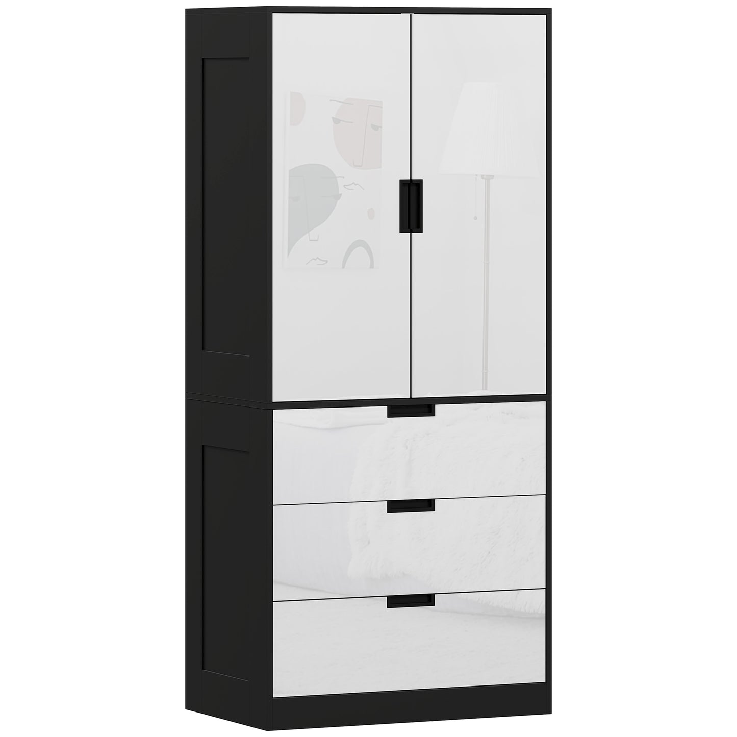 Photo of HOMCOM 2 Door Wardrobe, Modern Wardrobe with 3 Drawers and Hanging Rod for Bedroom, High Gloss White in White colour on a white background
