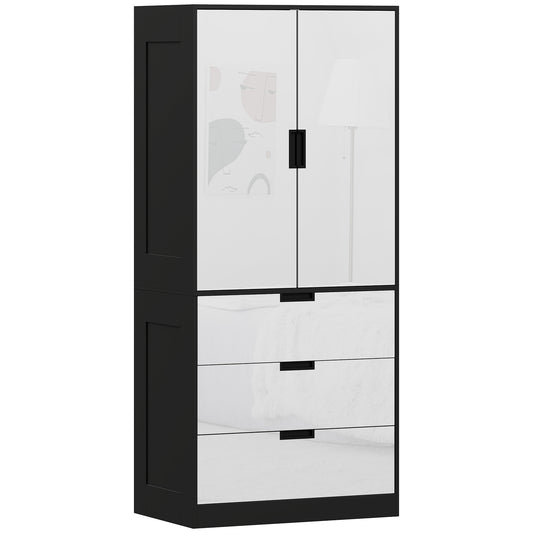 Photo of HOMCOM 2 Door Wardrobe, Modern Wardrobe with 3 Drawers and Hanging Rod for Bedroom, High Gloss White in White colour on a white background