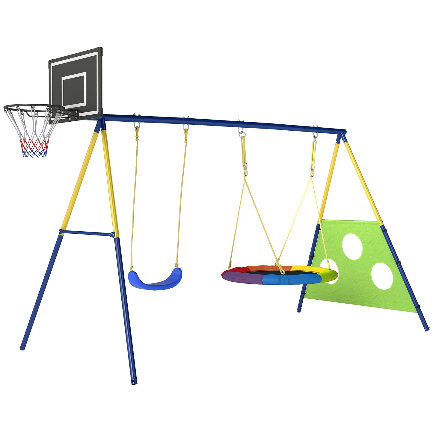 Photo of AIYAPLAY 4-in-1 Kids Swing Set with Saucer Swing, Basketball Hoop and Football Goal, Outdoor Playground Playset for Garden in Garden colour on a white background