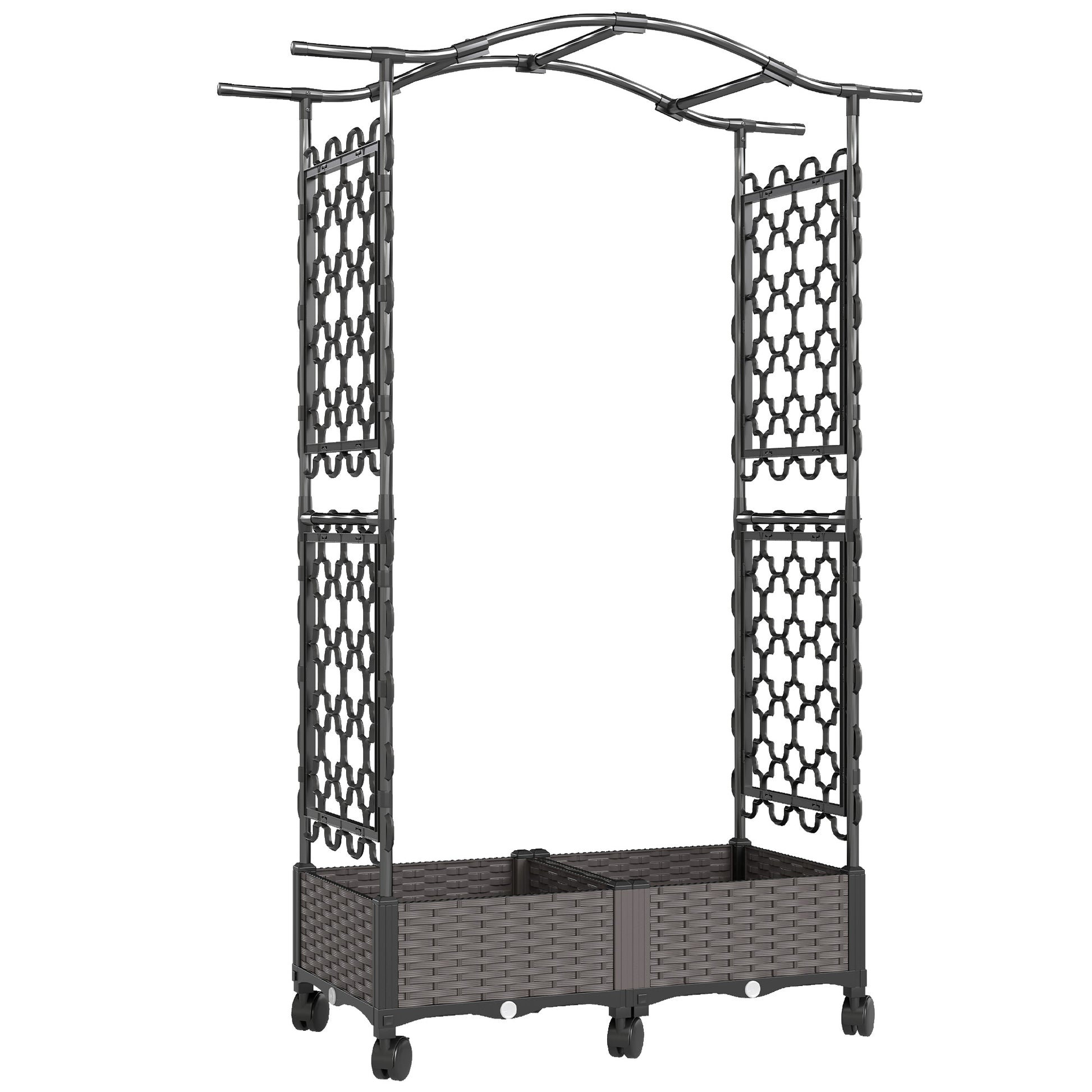 Photo of Outsunny Raised Garden Bed with Arch Trellis, Raised Bed for Garden on Wheels with Side Trellis, Self Watering Planter Box in Box colour on a white background