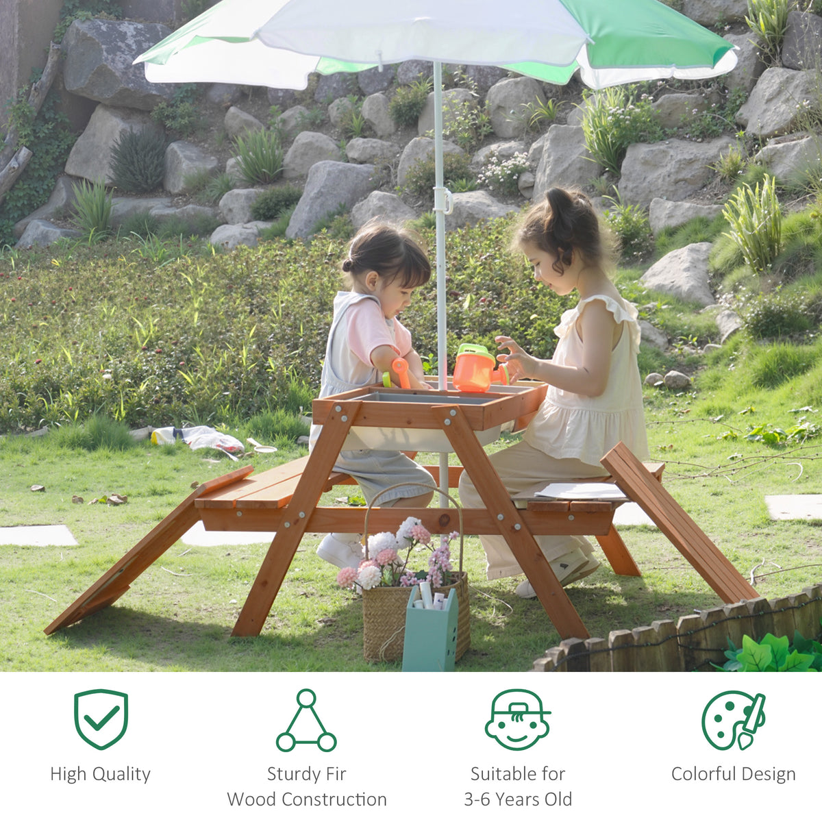 Outsunny wooden kids picnic table with benches and green-and-white adjustable parasol