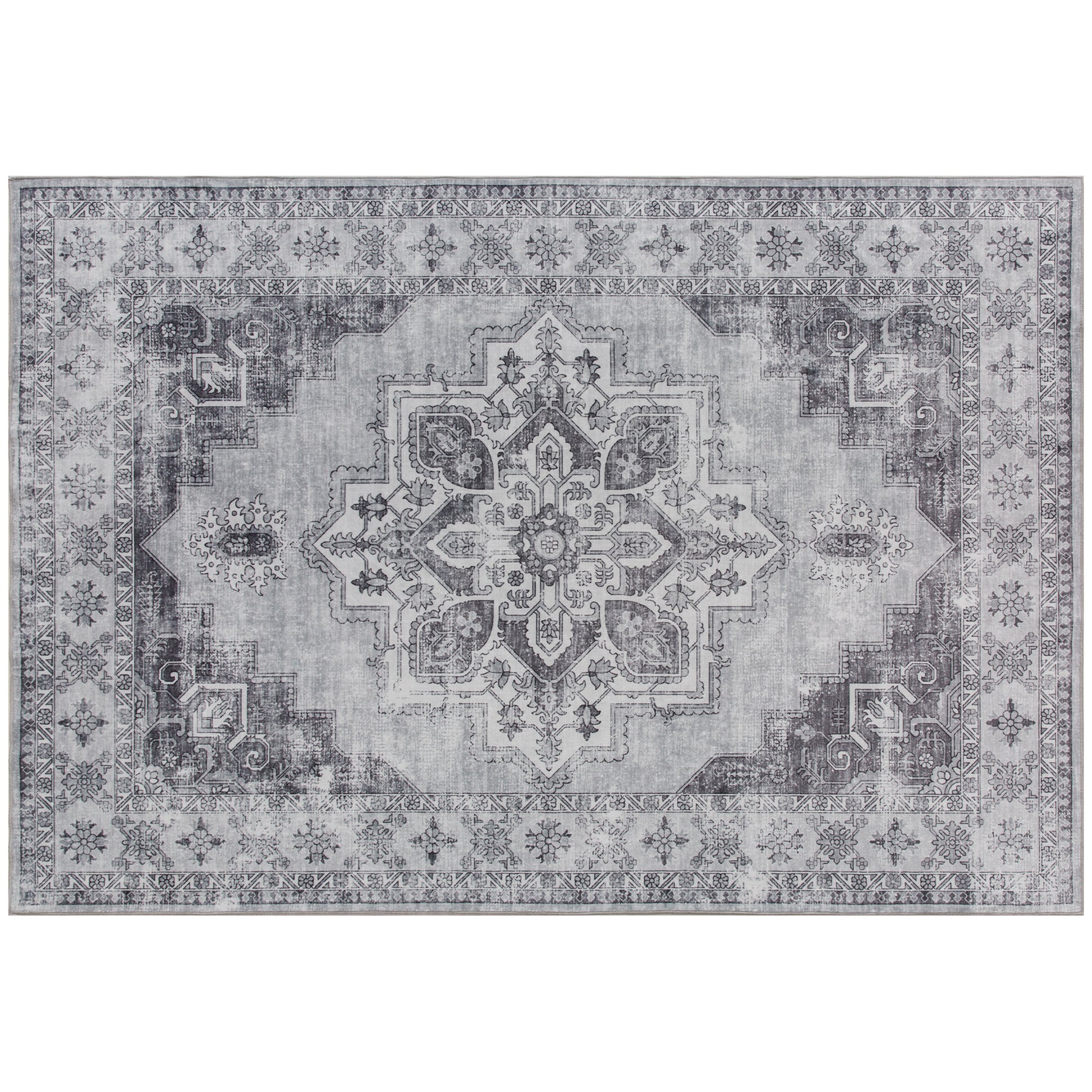 Photo of HOMCOM Vintage Area Rug, Non-Slip Washable Rug, Flannel Floor Carpet for Living Room, Bedroom, Dining Room, Home Office, 230 x 160 cm, Grey in Grey colour on a white background