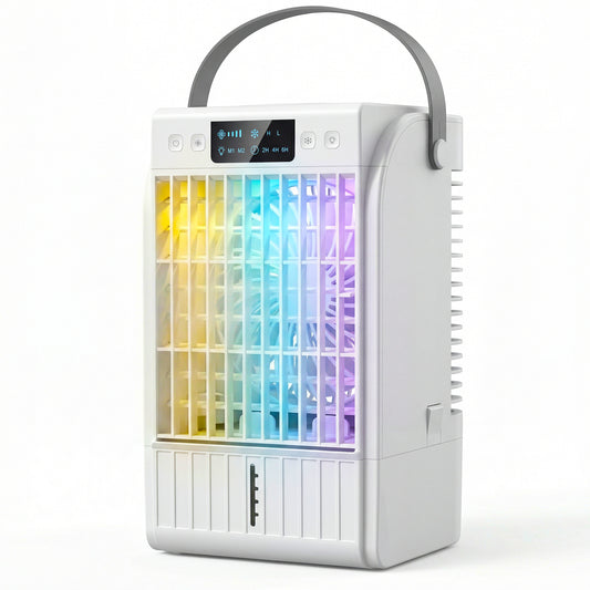 Photo of HOMCOM Portable Air Conditioner, 4-in-1 Mini Air Cooler with 4 Wind Speed, 2 Cool Mist, RGB 7 LED Light, White in White colour on a white background