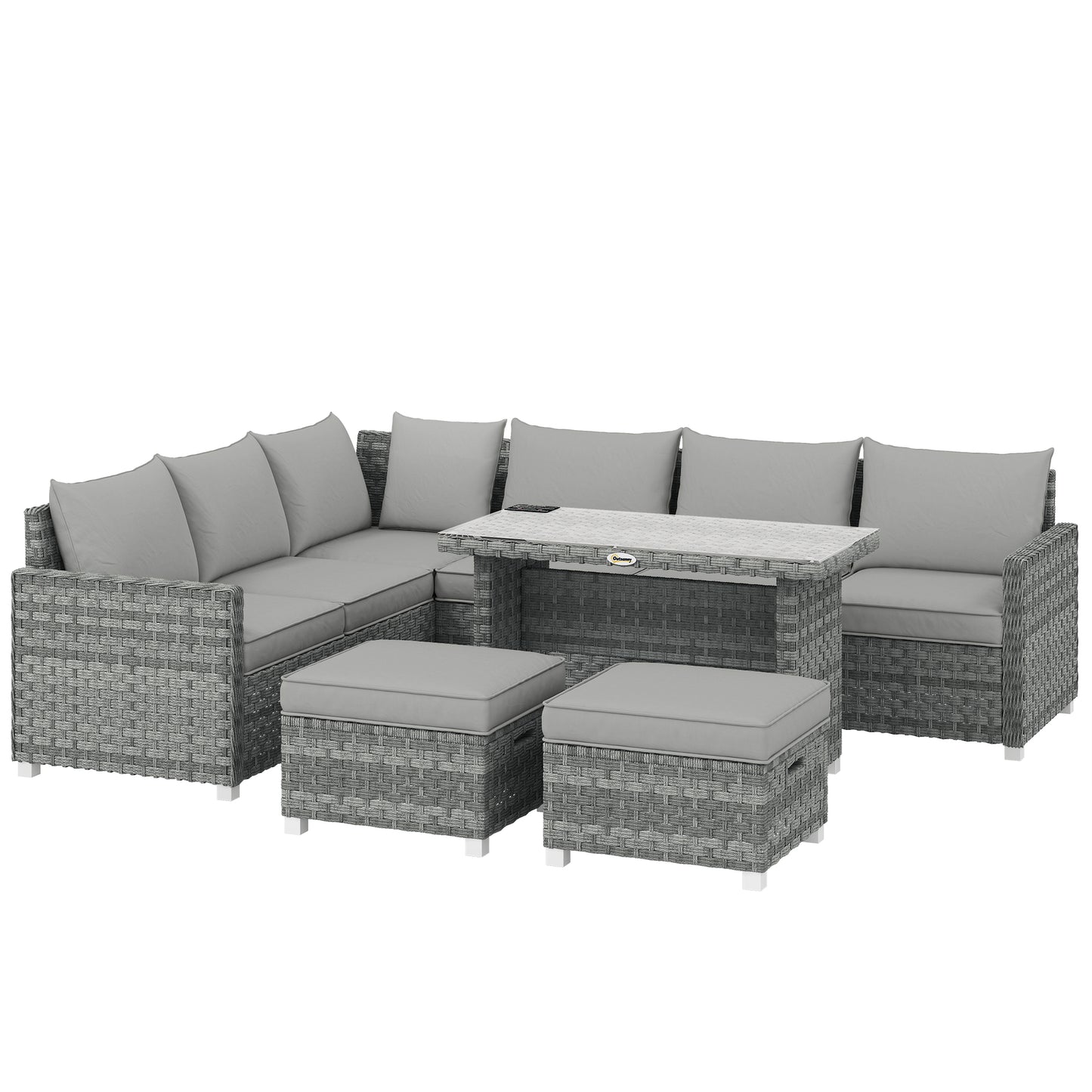 Photo of Outsunny 6 Seater Rattan Garden Furniture Set with 3 Sofas, 2 Footstools, Table, Patio Rattan Furniture Sofa Sets, Grey in Grey colour on a white background