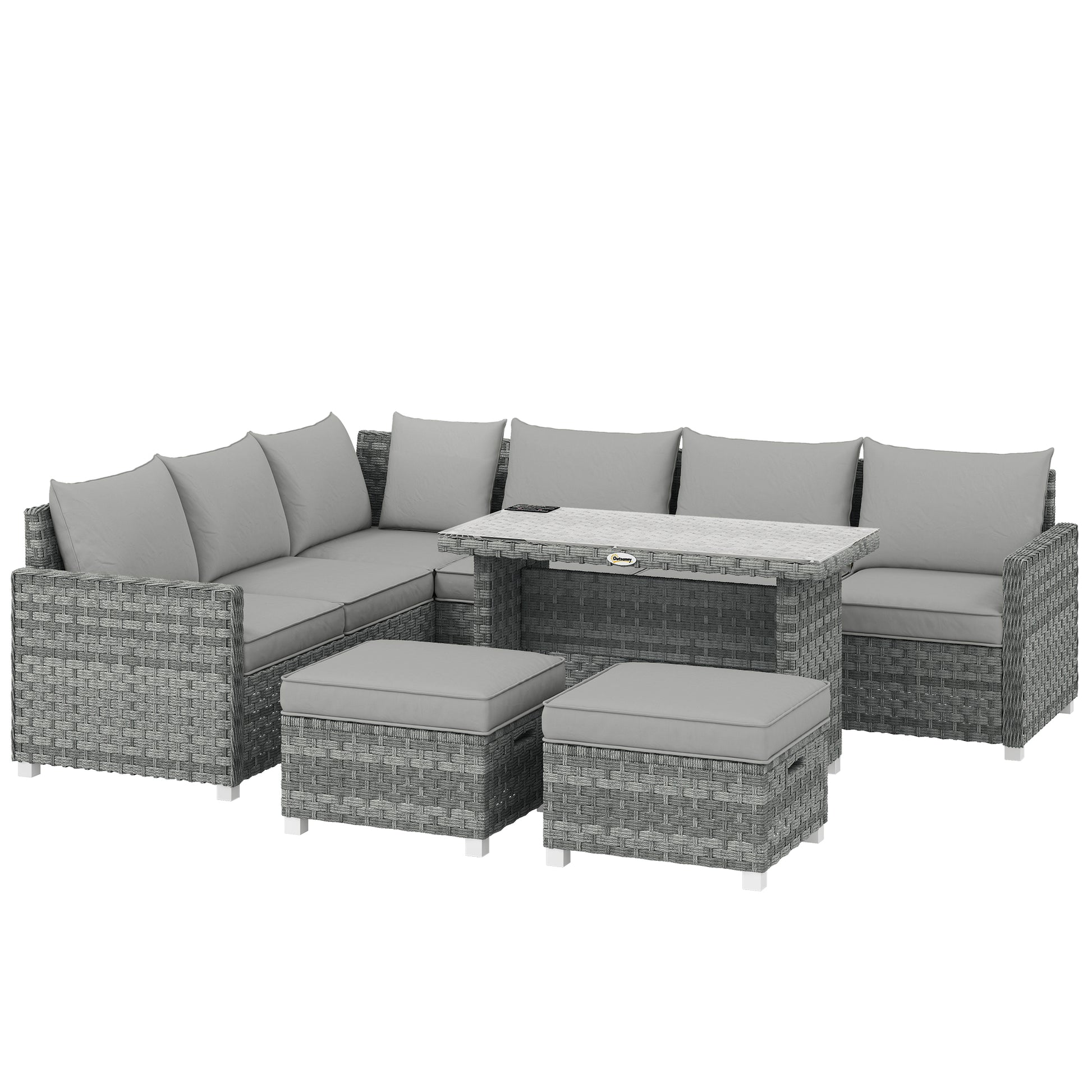 Photo of Outsunny 6 Seater Rattan Garden Furniture Set with 3 Sofas, 2 Footstools, Table, Patio Rattan Furniture Sofa Sets, Grey in Grey colour on a white background
