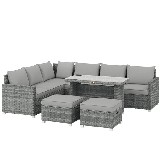 Photo of Outsunny 6 Seater Rattan Garden Furniture Set with 3 Sofas, 2 Footstools, Table, Patio Rattan Furniture Sofa Sets, Grey in Grey colour on a white background