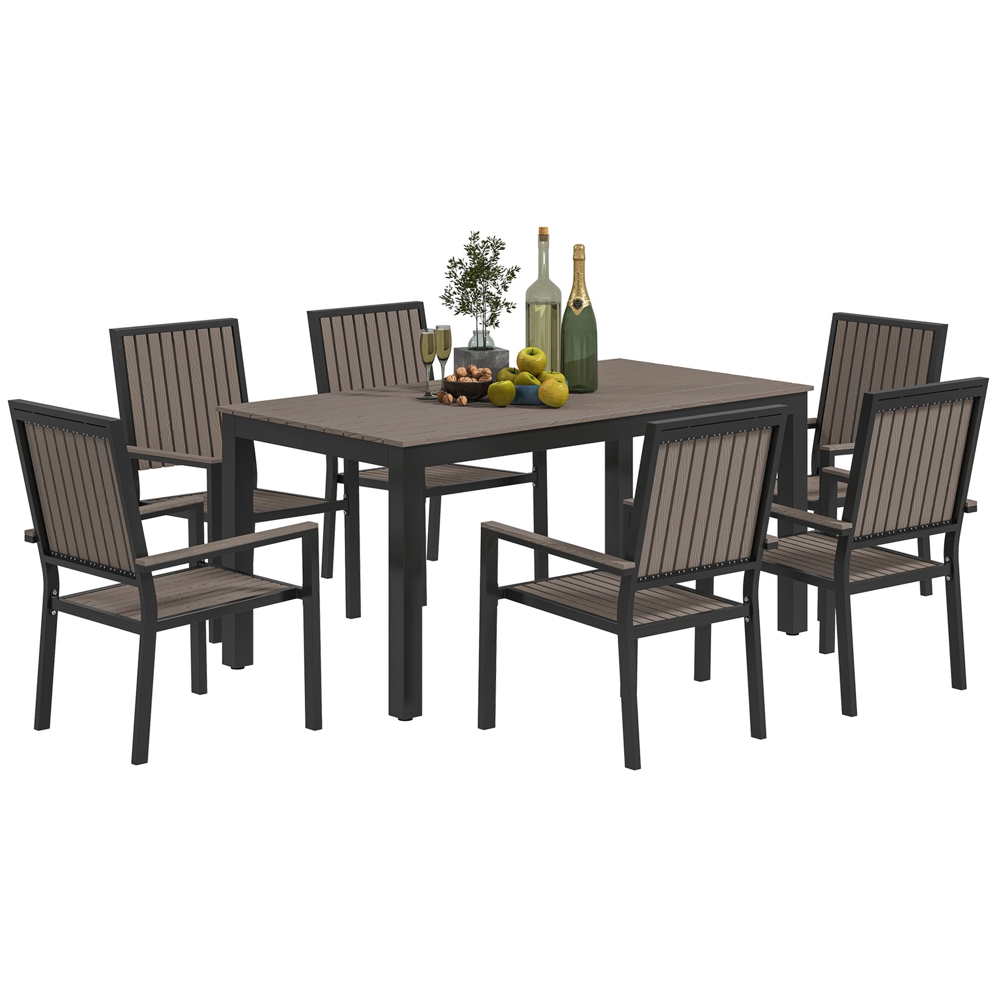 Photo of Outsunny 6 Seater Garden Dining Set with Stackable Chairs, Aluminium Frame, Rectangular Plastic Top, Garden Furniture Set, Outdoor Dining Table and Chairs for Patio, Balcony, Poolside, Brown in Brown colour on a white background