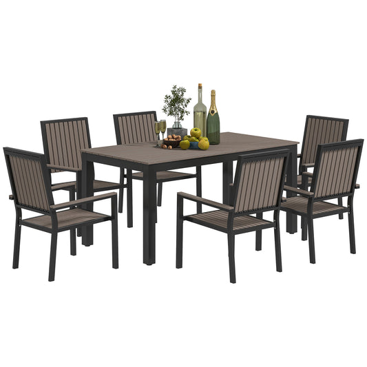 Photo of Outsunny 6 Seater Garden Dining Set with Stackable Chairs, Aluminium Frame, Rectangular Plastic Top, Garden Furniture Set, Outdoor Dining Table and Chairs for Patio, Balcony, Poolside, Brown in Brown colour on a white background