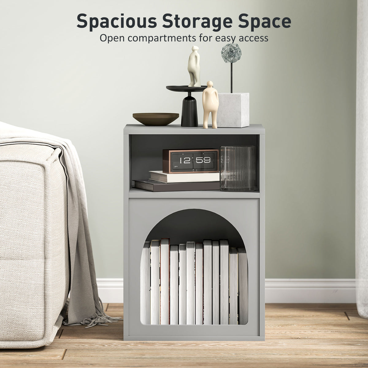Grey bedside table with books in its arched lower compartment